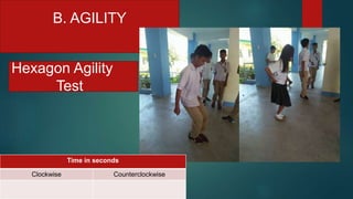 B. AGILITY
Hexagon Agility
Test
Time in seconds
Clockwise Counterclockwise
 