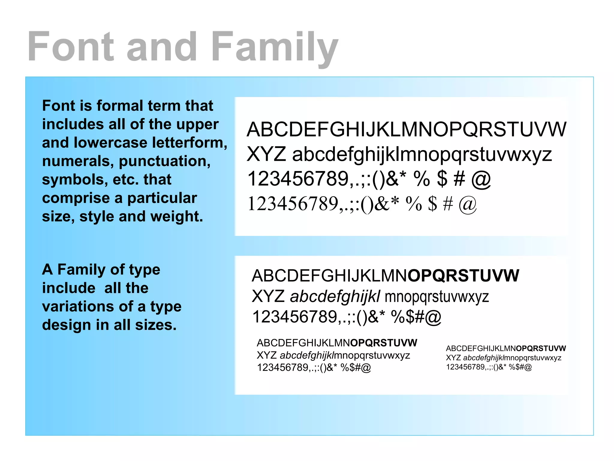 Font and Family ABCDEFGHIJKLMN OPQRSTUVW XYZ  abcdefghijkl  mnopqrstuvwxyz 123456789,.;:()&* %$#@ ABCDEFGHIJKLMN OPQRSTUVW XYZ  abcdefghijkl mnopqrstuvwxyz 123456789,.;:()&* %$#@ ABCDEFGHIJKLMN OPQRSTUVW XYZ  abcdefghijkl mnopqrstuvwxyz 123456789,.;:()&* %$#@ ABCDEFGHIJKLMNOPQRSTUVW XYZ abcdefghijklmnopqrstuvwxyz 123456789,.;:()&* % $ # @  123456789,.;:()&* % $ # @ Font is formal term that includes all of the upper and lowercase letterform, numerals, punctuation, symbols, etc. that comprise a particular size, style and weight. A Family of type include  all the variations of a type design in all sizes. 