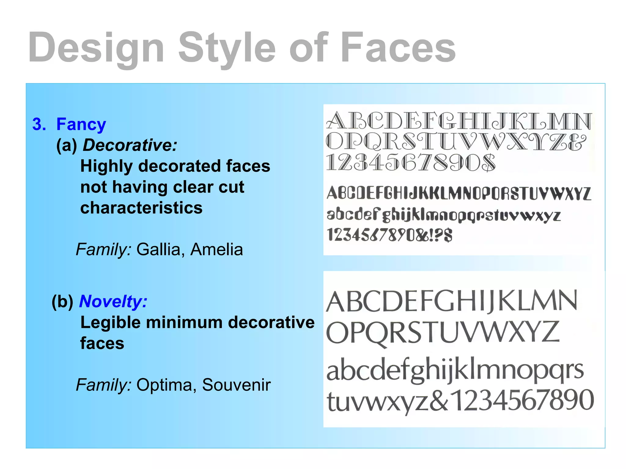 3.  Fancy (a)  Decorative:   Highly decorated faces not having clear cut characteristics Family:  Gallia, Amelia (b)  Novelty:   Legible minimum decorative  faces Family:  Optima, Souvenir Design Style of Faces 