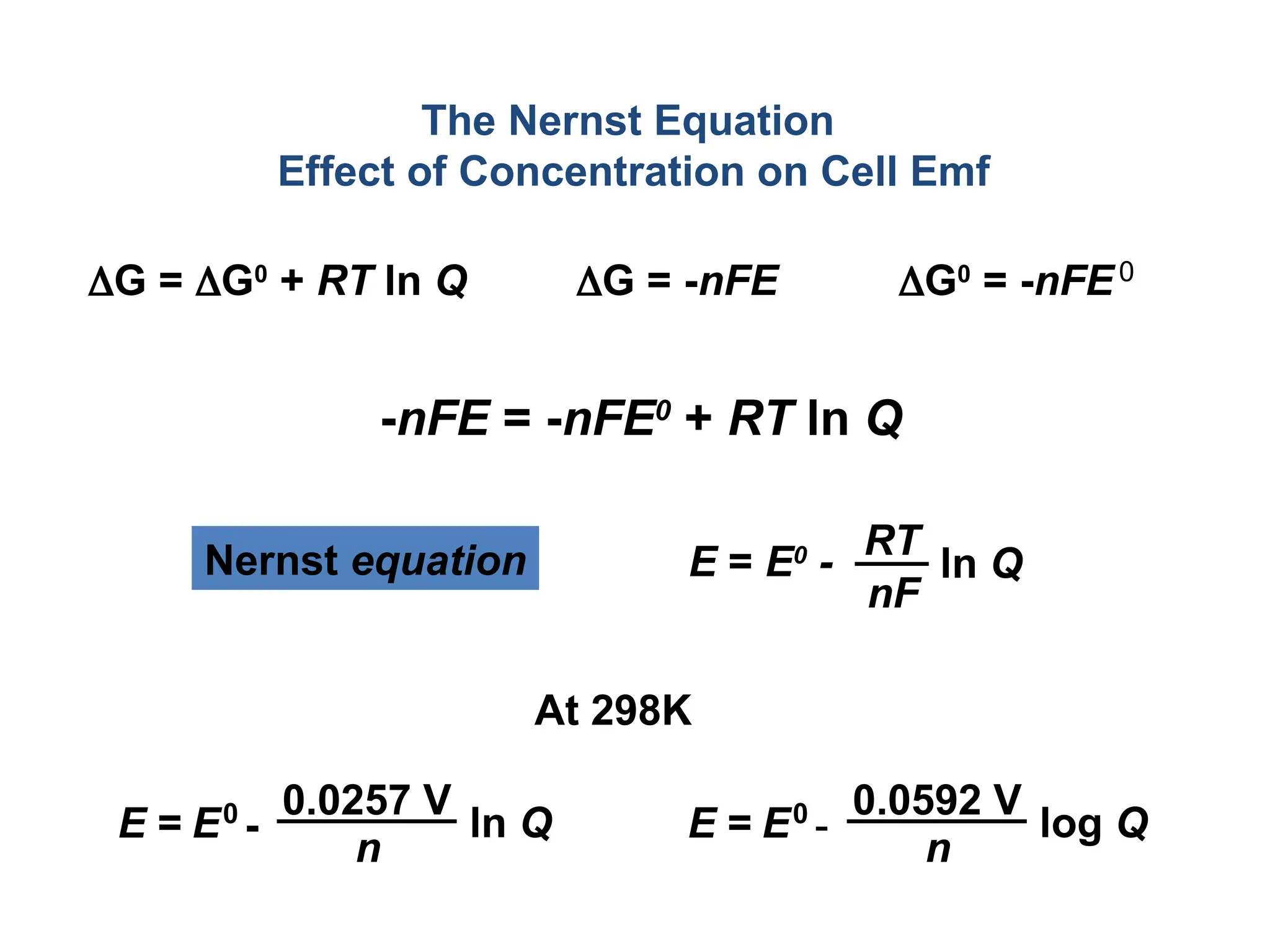 The Nernst Equation
Effect of Concentration on Cell Emf
G = G0
+ RT ln Q G = -nFE G0
= -nFE0
-nFE = -nFE0
+ RT ln Q
E = E0
- ln Q
RT
nF
Nernst equation
At 298K
-
0.0257 V
n
ln Q
E0
E = -
0.0592 V
n
log Q
E0
E =
 