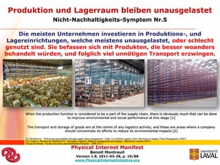 Produktion und Lagerraum bleiben unausgelastet
                                Nicht-Nachhaltigkeits-Symptom Nr.5

    Die meisten Unternehmen investieren in Produktions-, und
 Lagereinrichtungen, welche meistens unausgelastet, oder schlecht
genutzt sind. Sie befassen sich mit Produkten, die besser woanders
behandelt würden, und folglich viel unnötigen Transport erzwingen.




      When the production function is considered to be a part of the supply chain, there is obviously much that can be done
                              to improve environmental and social performance at this stage [1]

       The transport and storage of goods are at the centre of any logistics activity, and these are areas where a company
                              should concentrate its efforts to reduce its environmental impacts [2]

      [1]: McIntyre K., “Delivering sustainability through supply chain management”, Chap.15 in Global Logistics New Directions in Supply Chain Management, (2007)
      [2]: Cooper J., Browne M. and Peters M., “European Logistics: Markets, management and strategy”, Blackwell, London (1991)
      Chopra & Meindl, “Facility Decisions and Distribution Network “, 2009_E4.5
                                                  Physical Internet Manifest
                                                                    Benoit Montreuil
                                                      Version 1.8, 2011-03-28, p. 10/88
                                                      www.PhysicalInternetInitiative.org
 