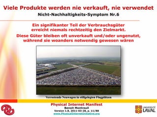 Viele Produkte werden nie verkauft, nie verwendet
             Nicht-Nachhaltigkeits-Symptom Nr.6

          Ein signifikanter Teil der Verbrauchsgüter
          erreicht niemals rechtzeitig den Zielmarkt.
    Diese Güter bleiben oft unverkauft und/oder ungenutzt,
       während sie woanders notwendig gewesen wären




                Verrostende Neuwagen in stillgelegten Flugplätzen

                   Physical Internet Manifest
                             Benoit Montreuil
                     Version 1.8, 2011-03-28, p. 11/88
                     www.PhysicalInternetInitiative.org
 