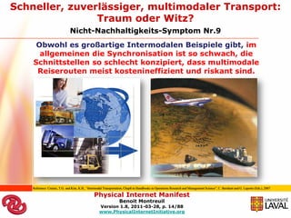 Schneller, zuverlässiger, multimodaler Transport:
                Traum oder Witz?
                               Nicht-Nachhaltigkeits-Symptom Nr.9
     Obwohl es großartige Intermodalen Beispiele gibt, im
      allgemeinen die Synchronisation ist so schwach, die
    Schnittstellen so schlecht konzipiert, dass multimodale
     Reiserouten meist kostenineffizient und riskant sind.




    Reference: Crainic, T.G. and Kim, K.H., “Intermodal Transportation, Chap8 in Handbooks in Operations Research and Management Science”, C. Barnhart and G. Laporte (Eds.), 2007

                                                Physical Internet Manifest
                                                                   Benoit Montreuil
                                                    Version 1.8, 2011-03-28, p. 14/88
                                                    www.PhysicalInternetInitiative.org
 
