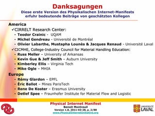 Danksagungen
       Diese erste Version des Physikalischen Internet-Manifests
         erfuhr bedeutende Beiträge von geschätzten Kollegen

America
 CIRRELT Research Center:
  • Teodor Crainic - UQAM
  • Michel Gendreau - Université de Montréal
  • Olivier Labarthe, Mustapha Lounès & Jacques Renaud - Université Laval
 CICMHE, College-Industry Council for Material Handling Education:
  • Russ Meller – University of Arkansas
  • Kevin Gue & Jeff Smith – Auburn University
  • Kimberley Ellis – Virginia Tech
  • Mike Ogle – MHIA
Europe
  •   Rémy Glardon – EPFL
  •   Éric Ballot – Mines ParisTech
  •   Rene De Koster – Erasmus University
  •   Detlef Spee – Fraunhofer Institute for Material Flow and Logistic

                        Physical Internet Manifest
                                 Benoit Montreuil
                           Version 1.8, 2011-03-28, p. 2/88
                          www.PhysicalInternetInitiative.org
 