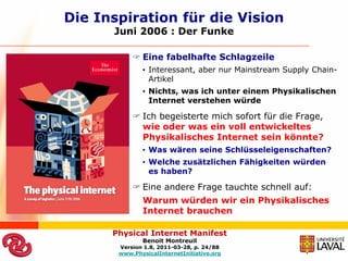 Die Inspiration für die Vision
      Juni 2006 : Der Funke

            Eine fabelhafte Schlagzeile
              • Interessant, aber nur Mainstream Supply Chain-
                Artikel
              • Nichts, was ich unter einem Physikalischen
                Internet verstehen würde

            Ich begeisterte mich sofort für die Frage,
             wie oder was ein voll entwickeltes
             Physikalisches Internet sein könnte?
              • Was wären seine Schlüsseleigenschaften?
              • Welche zusätzlichen Fähigkeiten würden
                es haben?

            Eine andere Frage tauchte schnell auf:
              Warum würden wir ein Physikalisches
              Internet brauchen

      Physical Internet Manifest
              Benoit Montreuil
       Version 1.8, 2011-03-28, p. 24/88
       www.PhysicalInternetInitiative.org
 