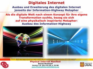 Digitales Internet
     Ausbau und Erweiterung des digitalen Internet
      jenseits der Information-Highway Metapher
Als die digitale Welt nach einem Konzept für ihre eigene
          Transformation suchte, bezog sie sich
       auf eine physikalisch inspirierte Metapher:
            Ausbau des Information-Highway




   Referenzen “BCNET's Optical Regional Advanced Network Upgrade Completed”, http://www.bc.net/news_events_publications/newsletters/Dec_2007/ROADM_Completion.htm
              “What the Telecom Industry May Look Like in 10 Years”, http://kennethmarzin.wordpress.com/2008/01/24/what-the-telecom-industry-may-look-like-in-10-years/

                                                  Physical Internet Manifest
                                                                      Benoit Montreuil
                                                      Version 1.8, 2011-03-28, p. 25/88
                                                      www.PhysicalInternetInitiative.org
 