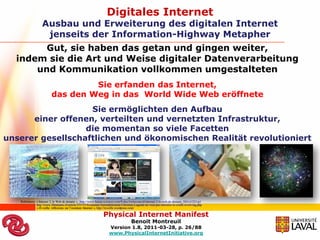 Digitales Internet
                   Ausbau und Erweiterung des digitalen Internet
                    jenseits der Information-Highway Metapher
        Gut, sie haben das getan und gingen weiter,
  indem sie die Art und Weise digitaler Datenverarbeitung
      und Kommunikation vollkommen umgestalteten
                                   Sie erfanden das Internet,
                          das den Weg in das World Wide Web eröffnete
                   Sie ermöglichten den Aufbau
      einer offenen, verteilten und vernetzten Infrastruktur,
                  die momentan so viele Facetten
unserer gesellschaftlichen und ökonomischen Realität revolutioniert




   Referenzen: « Internet 2, le Web de demain », /http://www.futura-sciences.com/fr/doc/t/telecoms/d/internet-2-le-web-de-demain_582/c3/221/p1
               http://www.20minutes.fr/article/353755/Economie-Surendettement-Christine-Lagarde-ne-veut-pas-interdire-le-credit-revolving.php
               « rE-veille: réflexions sur l’aventure Internet », http://reveille.wordpress.com/

                                                                  Physical Internet Manifest
                                                                                       Benoit Montreuil
                                                                      Version 1.8, 2011-03-28, p. 26/88
                                                                      www.PhysicalInternetInitiative.org
 