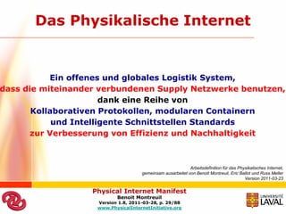 Das Physikalische Internet


           Ein offenes und globales Logistik System,
dass die miteinander verbundenen Supply Netzwerke benutzen,
                       dank eine Reihe von
       Kollaborativen Protokollen, modularen Containern
            und Intelligente Schnittstellen Standards
       zur Verbesserung von Effizienz und Nachhaltigkeit



                                                            Arbeitsdefinition für das Physikalisches Internet,
                                     gemeinsam ausarbeitet von Benoit Montreuil, Eric Ballot und Russ Meller
                                                                                         Version 2011-03-23


                   Physical Internet Manifest
                           Benoit Montreuil
                    Version 1.8, 2011-03-28, p. 29/88
                    www.PhysicalInternetInitiative.org
 