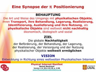 Eine Synopse der                       Positionierung

                        BEHAUPTUNG
 Die Art und Weise des Umgangs mit physikalischen Objekte,
ihren Transport, ihre Behandlung, Lagerung, Realisierung,
    Identifizierung, Auslieferung und ihre Nutzung, als
    physikalische Objekte sind weltweit nicht nachhaltig
               ökonomisch, ökologisch und sozial
                                  ZIEL
                   Die globale Nachhaltigkeit
        der Beförderung, der Behandlung, der Lagerung,
       der Realisierung, der Versorgung und der Nutzung
         physikalischer Objekte weltweit ermöglichen
                               VISION
Entwicklung in Richtung eines weltweiten Physikalischen Internet
                    Physical Internet Manifest
                            Benoit Montreuil
                      Version 1.8, 2011-03-28, p. 3/88
                     www.PhysicalInternetInitiative.org
 