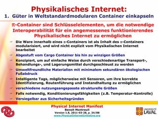 Physikalisches Internet:
1. Güter in Weltstandardmodularen Container einkapseln
  -Container sind Schlüsselelementen, um die notwendige
   Interoperabilität für ein angemessenes funktionierendes
           Physikalisches Internet zu ermöglichen
  Die Ware innerhalb eines -Containers ist als Inhalt des -Containers
   modularisiert, und wird nicht explizit vom Physikalischen Internet
   bearbeitet
  Abgestuft vom Cargo Container bis hin zu winzigen Größen
  Konzipiert, um auf einfache Weise durch verschiedenartige Transport-,
   Behandlungs-, und Lagerungsmittel durchgeschleust zu werden
  Umweltfreundliche Materialien mit minimalem sekundären ökologischen
   Fußabdruck
  Intelligente Tags, möglicherweise mit Sensoren, um ihre korrekte
   Identifizierung, Routenführung und Instandhaltung zu ermöglichen
  verschiedene nutzungsangepasste strukturelle Größen
  Falls notwendig, Konditionierungsfähigkeiten (z.B. Temperatur-Kontrolle)
  Versiegelbar aus Sicherheitsgründen

                      Physical Internet Manifest
                               Benoit Montreuil
                        Version 1.8, 2011-03-28, p. 34/88
                        www.PhysicalInternetInitiative.org
 