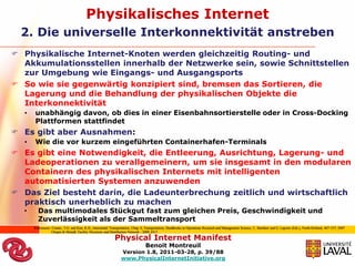 Physikalisches Internet
  2. Die universelle Interkonnektivität anstreben
 Physikalische Internet-Knoten werden gleichzeitig Routing- und
  Akkumulationsstellen innerhalb der Netzwerke sein, sowie Schnittstellen
  zur Umgebung wie Eingangs- und Ausgangsports
 So wie sie gegenwärtig konzipiert sind, bremsen das Sortieren, die
  Lagerung und die Behandlung der physikalischen Objekte die
  Interkonnektivität
   •   unabhängig davon, ob dies in einer Eisenbahnsortierstelle oder in Cross-Docking
       Plattformen stattfindet
 Es gibt aber Ausnahmen:
   •   Wie die vor kurzem eingeführten Containerhafen-Terminals
 Es gibt eine Notwendigkeit, die Entleerung, Ausrichtung, Lagerung- und
  Ladeoperationen zu verallgemeinern, um sie insgesamt in den modularen
  Containern des physikalischen Internets mit intelligenten
  automatisierten Systemen anzuwenden
 Das Ziel besteht darin, die Ladeunterbrechung zeitlich und wirtschaftlich
  praktisch unerheblich zu machen
  •      Das multimodales Stückgut fast zum gleichen Preis, Geschwindigkeit und
         Zuverlässigkeit als der Sammeltransport
       Referenzen: Crainic, T.G. and Kim, K.H., Intermodal Transportation, Chap. 8, Transportation, Handbooks in Operations Research and Management Science, C. Barnhart and G. Laporte (Eds.), North-Holland, 467–537, 2007
                   Chopra & Meindl, Facility Decisions and Distribution Network - 2009_E4.5

                                                              Physical Internet Manifest
                                                                                   Benoit Montreuil
                                                                  Version 1.8, 2011-03-28, p. 39/88
                                                                  www.PhysicalInternetInitiative.org
 