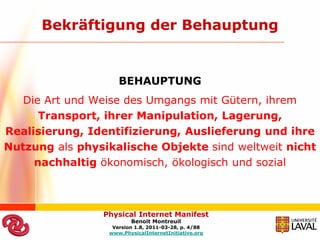 Bekräftigung der Behauptung


                    BEHAUPTUNG
   Die Art und Weise des Umgangs mit Gütern, ihrem
      Transport, ihrer Manipulation, Lagerung,
Realisierung, Identifizierung, Auslieferung und ihre
Nutzung als physikalische Objekte sind weltweit nicht
     nachhaltig ökonomisch, ökologisch und sozial



                Physical Internet Manifest
                        Benoit Montreuil
                  Version 1.8, 2011-03-28, p. 4/88
                 www.PhysicalInternetInitiative.org
 