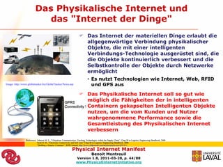 Das Physikalische Internet und
                            das "Internet der Dinge"
                                                                         Das Internet der materiellen Dinge erlaubt die
                                                                          allgegenwärtige Verbindung physikalischer
                                                                          Objekte, die mit einer intelligenten
                                                                          Verbindungs-Technologie ausgerüstet sind, die
                                                                          die Objekte kontinuierlich verbessert und die
                                                                          Selbstkontrolle der Objekte durch Netzwerke
                                                                          ermöglicht
                                                                                 • Es nutzt Technologien wie Internet, Web, RFID
Image: http://www.globetracker.biz/GlobeTracker/News.asp                           und GPS aus

                                                                         Das Physikalische Internet soll so gut wie
                                                                          möglich die Fähigkeiten der in intelligenten
                                                                          Containern gekapselten Intelligenten Objekte
                                                                          nutzen, um die vom Kunden und Nutzer
                                                                          wahrgenommene Performance sowie die
                                                                          Gesamtleistung des Physikalischen Internet
                                                                          verbessern
                References: Johnson M. E., “Ubiquitous Communication: Tracking Technologies within the Supply Chain”, Chap.20 in Logistics Engineering Handbook, 2008
                            Scott D. M., “Electronic Connectivity and Soft ware” Chap.20 in Logistics Engineering Handbook, 2008
                            “Building a Smarter Container”, RFID Journal, http://www.rfidjournal.com/article/articleview/655/1/1/

                                                                 Physical Internet Manifest
                                                                                     Benoit Montreuil
                                                                     Version 1.8, 2011-03-28, p. 44/88
                                                                     www.PhysicalInternetInitiative.org
 