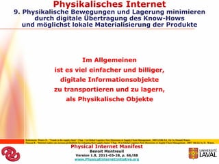 Physikalisches Internet
9. Physikalische Bewegungen und Lagerung minimieren
      durch digitale Übertragung des Know-Hows
   und möglichst lokale Materialisierung der Produkte




                                                           Im Allgemeinen
                               ist es viel einfacher und billiger,
                                     digitale Informationsobjekte
                               zu transportieren und zu lagern,
                                           als Physikalische Objekte




   Referenzen: Waters D., “Trends in the supply chain”, Chap. 1 in Global Logistics New Directions in Supply Chain Management , 2007) Fifth Ed., Ed. by Donald Waters
   Duncan R., “Internet traders can increase profitability by reshaping their supply chains” Chap. 19 in Global Logistics New Directions in Supply Chain Management , 2007 5th Ed. by D. Waters
                                                Physical Internet Manifest
                                                                   Benoit Montreuil
                                                   Version 1.8, 2011-03-28, p. 66/88
                                                   www.PhysicalInternetInitiative.org
 