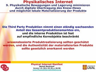 Physikalisches Internet
  9. Physikalische Bewegungen und Lagerung minimieren
        durch digitale Übertragung des Know-Hows
     und möglichst lokale Materialisierung der Produkte




Die Third Party Produktion nimmt einen ständig wachsenden
         Anteil des Gesamtproduktionsmarktes ein,
             und die interne Produktion ist fest
          auf empfindliche Kernobjekte beschränkt

  wissensbasierte Produktrealisierung sollten geschützt
werden, und die Authentizität der materialisierten Produkte
           sollte gesetzlich anerkannt werden




                  Physical Internet Manifest
                          Benoit Montreuil
                   Version 1.8, 2011-03-28, p. 68/88
                   www.PhysicalInternetInitiative.org
 