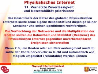 Physikalisches Internet
                            11. Vernetzte Zuverlässigkeit
                            und Netzstabilität priorisieren

   Das Gesamtnetz der Netze des globalen Physikalischen
Internets sollte seine eigene Reliabilität und diejenige seiner
      Container und seinen Speditionen rechtfertigen.
Die Verflechtung der Netzwerke und die Multiplikation der
Knoten sollten die Robustheit und Stabilität (Resilienz) des
  Physikalischen Internet gegenüber unvorhersehbaren
                 Ereignissen sicherstellen
 Wenn Z.B., ein Knoten oder ein Netzwerksegment ausfällt,
 sollte der Containerverkehr so leicht und automatisch wie
      möglich umgeleitet (reroutable) werden können

      Reference: Peck H., “Supply chain vulnerability, risk and resilience”, Chap. 14 in Global Logistics New Directions in Supply Chain Management, 2007

                                            Physical Internet Manifest
                                                             Benoit Montreuil
                                                Version 1.8, 2011-03-28, p. 73/88
                                                www.PhysicalInternetInitiative.org
 