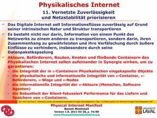 Physikalisches Internet
                                       11. Vernetzte Zuverlässigkeit
                                       und Netzstabilität priorisieren
 Das Digitale Internet soll Informationsflüsse zuverlässig auf Grund
  seiner intrinsischen Natur und Struktur transportieren
 Es besteht nicht nur darin, Information von einem Punkt des
  Netzwerks zu einem anderen zu transportieren, sondern darin, ihren
  Zusammenhang zu gewährleisten und ihre Verfälschung durch äußere
  Einflüsse zu verhindern, insbesondere durch seine
  Datenpaketkapselung
 Akteure, Beförderern, Routen, Knoten und fließende Containern des
  Physikalischen Internet sollen aufeinander in Synergie wirken, um zu
  garantieren:
  •   die Integrität der in -Containern Physikalischen eingekapselte Objekte
  •   die physikalische und informationelle Integrität von -Container, -
      Beförderern, -Wege und -Nodes
  •   die informationelle Integrität der -Akteure (Menschen, Software
      Agenten)
  •   die Robustheit der Klient-fokussiert Performance für das Liefern und
      Speichern von -Containern.
         Ref.: Shi X. and Chan S., “Information systems and information technologies for supply chain management”, Chap. 11 in Global Logistics New Directions in Supply Chain Management, 2007

                                                    Physical Internet Manifest
                                                                      Benoit Montreuil
                                                        Version 1.8, 2011-03-28, p. 74/88
                                                        www.PhysicalInternetInitiative.org
 