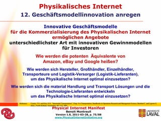 Physikalisches Internet
     12. Geschäftsmodellinnovation anregen

              Innovative Geschäftsmodelle
für die Kommerzialisierung des Physikalischen Internet
                 ermöglichen Angebote
unterschiedlichster Art mit innovativen Gewinnmodellen
                     für Investoren
                       Wie werden die potenten Äquivalente von
                          Amazon, eBay und Google heißen?
         Wie werden sich Hersteller, Großhändler, Einzelhändler,
       Transporteure und Logistik-Versorger (Logistik-Lieferanten),
           um das Physikalische Internet optimal einzusetzen?
Wie werden sich die material Handlung und Transport Lösungen und die
                 Technologie-Lieferanten entwickeln
         um das Physikalische Internet optimal einzusetzen?
    Reference:   Crainic, T.G. and Kim, K.H., “Intermodal Transportation”, Chap. 8 in Transportation, Handbooks in Operations Research and Management Science, Barnhart C. and Laporte G.
                 (Eds.), North-Holland, Amsterdam, 467–537, 2007
                                             Physical Internet Manifest
                                                               Benoit Montreuil
                                                 Version 1.8, 2011-03-28, p. 75/88
                                                 www.PhysicalInternetInitiative.org
 