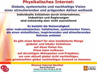 Physikalisches Internet:
    Globale, systemische und nachhaltige Vision
einer stimulierenden und prägenden Aktion weltweit
        Individuelle Initiativen durch Unternehmen,
                Industrien und Regierungen
          sind notwendig aber nicht ausreichend

               Es besteht die Notwendigkeit
 einer makroskopischen, holistischen, systemischen Vision,
 die einen einheitlichen, inspirierenden und stimulierenden
                      Rahmen anbietet

     Es gibt einen Bedarf für eine kombinierte Menge
              globaler und lokaler Initiativen
                    auf diese Vision hin.
                   Diese kann aufbauen
        auf derzeitigen Aktivposten und Projekten,
         um vom aktuell global nicht nachhaltigen
zum gewünschten global nachhaltigen Zustand zu kommen.

                  Physical Internet Manifest
                          Benoit Montreuil
                   Version 1.8, 2011-03-28, p. 83/88
                   www.PhysicalInternetInitiative.org
 