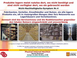 Produkte lagern meist nutzlos dort, wo nicht benötigt und
    sind nicht verfügbar dort, wo sie gebraucht werden
                        Nicht-Nachhaltigkeits-Symptom Nr.4
 Fabrikanten, Verteiler, Einzelhändler und Nutzer, sie alle lagern
Produkte ein, oft in riesengroßen Mengen über ihre Netzwerke aus
                 Lagerhäusern und Verteilzentren;
dennoch sind das Serviceniveau und die Reaktionszeiten gegenüber
      den lokalen Nutzern eingeschränkt und unzuverlässig




                                  Stocks are increasingly maintained at a higher level
      in response to longer and sometimes unpredictable delivery times, as well as changes in distribution patterns.

                      In 2005, the average investment in all business inventories was $1.74 trillion,
                                   which surpassed 2004’s record high by $101 billion.

                         Reference: Wilson R.A. “Economic Impact of Logistics”, in Chap. 2 in Logistics Engineering Handbook, 2008

                                        Physical Internet Manifest
                                                          Benoit Montreuil
                                             Version 1.8, 2011-03-28, p. 9/88
                                            www.PhysicalInternetInitiative.org
 