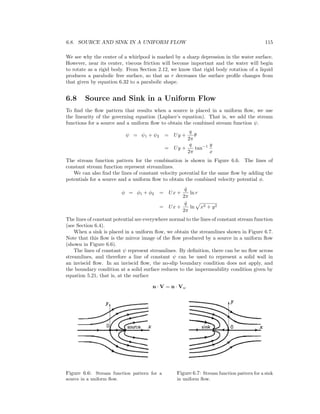 6.8. SOURCE AND SINK IN A UNIFORM FLOW 115
We see why the center of a whirlpool is marked by a sharp depression in the water surface.
However, near its center, viscous friction will become important and the water will begin
to rotate as a rigid body. From Section 2.12, we know that rigid body rotation of a liquid
produces a parabolic free surface, so that as r decreases the surface proﬁle changes from
that given by equation 6.32 to a parabolic shape.
6.8 Source and Sink in a Uniform Flow
To ﬁnd the ﬂow pattern that results when a source is placed in a uniform ﬂow, we use
the linearity of the governing equation (Laplace’s equation). That is, we add the stream
functions for a source and a uniform ﬂow to obtain the combined stream function ψ.
ψ = ψ1 + ψ2 = Uy +
q
2π
θ
= Uy +
q
2π
tan−1 y
x
The stream function pattern for the combination is shown in Figure 6.6. The lines of
constant stream function represent streamlines.
We can also ﬁnd the lines of constant velocity potential for the same ﬂow by adding the
potentials for a source and a uniform ﬂow to obtain the combined velocity potential φ.
φ = φ1 + φ2 = Ux +
˙q
2π
ln r
= Ux +
˙q
2π
ln x2 + y2
The lines of constant potential are everywhere normal to the lines of constant stream function
(see Section 6.4).
When a sink is placed in a uniform ﬂow, we obtain the streamlines shown in Figure 6.7.
Note that this ﬂow is the mirror image of the ﬂow produced by a source in a uniform ﬂow
(shown in Figure 6.6).
The lines of constant ψ represent streamlines. By deﬁnition, there can be no ﬂow across
streamlines, and therefore a line of constant ψ can be used to represent a solid wall in
an inviscid ﬂow. In an inviscid ﬂow, the no-slip boundary condition does not apply, and
the boundary condition at a solid surface reduces to the impermeability condition given by
equation 5.21, that is, at the surface
n · V = n · Vw
Figure 6.6: Stream function pattern for a
source in a uniform ﬂow.
Figure 6.7: Stream function pattern for a sink
in uniform ﬂow.
 