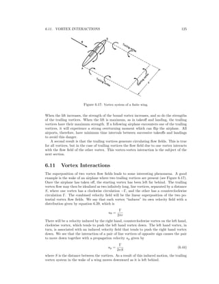6.11. VORTEX INTERACTIONS 125
Figure 6.17: Vortex system of a ﬁnite wing.
When the lift increases, the strength of the bound vortex increases, and so do the strengths
of the trailing vortices. When the lift is maximum, as in takeoﬀ and landing, the trailing
vortices have their maximum strength. If a following airplane encounters one of the trailing
vortices, it will experience a strong overturning moment which can ﬂip the airplane. All
airports, therefore, have minimum time intervals between successive takeoﬀs and landings
to avoid this danger.
A second result is that the trailing vortices generate circulating ﬂow ﬁelds. This is true
for all vortices, but in the case of trailing vortices the ﬂow ﬁeld due to one vortex interacts
with the ﬂow ﬁeld of the other vortex. This vortex-vortex interaction is the subject of the
next section.
6.11 Vortex Interactions
The superposition of two vortex ﬂow ﬁelds leads to some interesting phenomena. A good
example is the wake of an airplane where two trailing vortices are present (see Figure 6.17).
Once the airplane has taken oﬀ, the starting vortex has been left far behind. The trailing
vortex ﬂow may then be idealized as two inﬁnitely long, line vortices, separated by a distance
S, where one vortex has a clockwise circulation −Γ, and the other has a counterclockwise
circulation Γ. The combined velocity ﬁeld will be the linear superposition of the two po-
tential vortex ﬂow ﬁelds. We say that each vortex “induces” its own velocity ﬁeld with a
distribution given by equation 6.29, which is
uθ =
Γ
2πr
There will be a velocity induced by the right hand, counterclockwise vortex on the left hand,
clockwise vortex, which tends to push the left hand vortex down. The left hand vortex, in
turn, is associated with an induced velocity ﬁeld that tends to push the right hand vortex
down. We see that the interaction of a pair of line vortices of opposite sign causes the pair
to move down together with a propagation velocity up given by
up =
Γ
2πS
(6.44)
where S is the distance between the vortices. As a result of this induced motion, the trailing
vortex system in the wake of a wing moves downward as it is left behind.
 