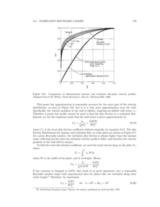 9.4. TURBULENT BOUNDARY LAYERS 179
Figure 9.6: Comparison of dimensionless laminar and turbulent ﬂat-plate velocity proﬁles.
Adapted from F.M. White, Fluid Mechanics, 2nd ed., McGraw-Hill, 1986.
This power law approximation is reasonably accurate for the outer part of the velocity
distribution, as seen in Figure 9.6, but it is a very poor approximation near the wall.
Speciﬁcally, the velocity gradient at the wall is inﬁnite, implying an inﬁnite wall stress τw.
Therefore a power law proﬁle cannot be used to ﬁnd the skin friction in a turbulent ﬂow.
Instead, we use the empirical result that the wall stress is given approximately by
Cf =
τw
1
2 ρU2
e
=
0.0576
Re0.2
x
(9.19)
where Cf is the local skin friction coeﬃcient deﬁned originally by equation 9.13. The skin
friction distributions for laminar and turbulent ﬂow on a ﬂat plate are shown in Figure 9.7.
At a given Reynolds number, the turbulent skin friction is always higher than the laminar
value, reﬂecting the fact that the turbulent velocity proﬁle is fuller, and therefore the velocity
gradient at the wall will be steeper.
To ﬁnd the total skin friction coeﬃcient, we need the total viscous drag on the plate Fv,
where
Fv =
L
0
τw Wdx
where W is the width of the plate, and L its length. Hence,
CF =
Fv
1
2 ρU2
e LW
=
0.072
Re0.2
L
If the constant is changed to 0.074, this result is in good agreement over a reasonable
Reynolds number range with experimental data for plates that are turbulent along their
entire length.2
Therefore, by experiment
CF =
0.074
Re0.2
L
for 5 × 105
< ReL < 107
(9.20)
2H. Schlichting Boundary Layer Theory, 7th edition, published by McGraw-Hill, 1979.
 