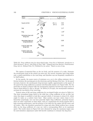 190 CHAPTER 9. VISCOUS EXTERNAL FLOWS
Table 9.2: Drag coeﬃcient data for sharp-edged bodies. From Fox & McDonald, Introduction to
Fluid Mechanics, 4th ed., John Wiley & Sons, 1992. a
Original data from Hoerner, Fluid-Dynamic
Drag, 2nd ed., Midland Park, NJ. Published by the author. b
Based on area of ring.
The regions of separated ﬂow on the car body, and the presence of a wake, dominate
the aerodynamic drag on the vehicle (on most cars, the viscous, boundary layer drag makes
only a small contribution to the total drag, and therefore cars are frequently considered to
be bluﬀ bodies).
At low speeds, the major source of resistance on a car is the rolling resistance due to
friction between the moving parts in the drivetrain and the ﬂexing of the tires. As the speed
increases, however, the aerodynamic drag increases rapidly, approximately as the square of
the speed if the drag coeﬃcient is constant with Reynolds number (see Figure 9.20). For the
particular car shown in Figure 9.20, the aerodynamic resistance becomes the major source of
drag at about 80 km/h, that is, 50 mph. At 120 km/h (75 mph), the aerodynamic resistance
accounts for two-thirds of the total drag.
Typical values of lift and drag coeﬃcients for car-shaped bodies are given in Table 9.4.
The most streamlined shape listed in the table has a drag coeﬃcient as low as 0.04, but
when this shape is modiﬁed to look like a ground vehicle, it increases to about 0.15, which
might be taken as a realistic lower limit. Most modern cars have values closer to 0.4.
Somewhat surprisingly, race cars have generally higher drag coeﬃcients, primarily because
there are other constraints on their shape, such as a requirement for strong negative lift to
help cornering performance, and the presence of air inlets for the engine and the water and
oil coolers. Also, the downforce generated by wings and other lifting surfaces has a strong
eﬀect on the drag coeﬃcient of a race car, with a corresponding eﬀect on its maximum
speed. The results shown in Figure 9.21 were obtained by using the maximum engine rpm
for each downforce adjustment under full throttle conditions to estimate the drag force.
 