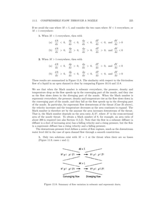 11.5. COMPRESSIBLE FLOW THROUGH A NOZZLE 225
If we avoid the case where M = 1, and consider the two cases where M < 1 everywhere, or
M > 1 everywhere:
1. When M < 1 everywhere, then with
(a)
dA
dx
< 0,
dp
dx
< 0,
dρ
dx
< 0,
dT
dx
< 0, and
dV
dx
> 0
(b)
dA
dx
> 0,
dp
dx
> 0,
dρ
dx
> 0,
dT
dx
> 0, and
dV
dx
< 0
2. When M > 1 everywhere, then with
(a)
dA
dx
< 0,
dp
dx
> 0,
dρ
dx
> 0,
dT
dx
> 0, and
dV
dx
< 0
(b)
dA
dx
> 0,
dp
dx
< 0,
dρ
dx
< 0,
dT
dx
< 0, and
dV
dx
> 0
These results are summarized in Figure 11.8. The similarity with respect to the frictionless
ﬂow of a liquid in an open channel is clear by comparing Figures 10.14 and 11.8.
We see that when the Mach number is subsonic everywhere, the pressure, density and
temperature drop as the ﬂow speeds up in the converging part of the nozzle, and they rise
as the ﬂow slows down in the diverging part of the nozzle. When the Mach number is
supersonic everywhere, the pressure, density and temperature rise as the ﬂow slows down in
the converging part of the nozzle, and they fall as the ﬂow speeds up in the diverging part
of the nozzle. In particular, for supersonic ﬂow downstream of the throat (Case 2b above),
the velocity increases and the temperature decreases as the area continues to expand. The
Mach number is therefore set by the amount the area increases downstream of the throat.
That is, the Mach number depends on the area ratio A/A∗
, where A∗
is the cross-sectional
area of the nozzle throat. To obtain a Mach number of 8, for example, an area ratio of
about 200 is required (see also Section 11.5.2). Note that the ﬂow in a subsonic diﬀuser (a
diﬀuser is a duct of increasing area) has a falling velocity and a rising pressure, but the ﬂow
in a supersonic diﬀuser has a rising velocity and a falling pressure.
The downstream pressure level deﬁnes a series of ﬂow regimes, much as the downstream
water level did in the case of open channel ﬂow through a smooth constriction:
1. Only two solutions exist with M = 1 at the throat when there are no losses
(Figure 11.9, cases c and i);
Figure 11.8: Summary of ﬂow variation in subsonic and supersonic ducts.
 