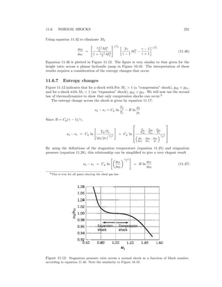 11.6. NORMAL SHOCKS 231
Using equation 11.42 to eliminate M2
p02
p01
=
γ+1
2 M2
1
1 + γ−1
2 M2
1
γ
γ−1
2γ
γ − 1
M2
1 −
γ − 1
γ + 1
−1
γ−1
(11.46)
Equation 11.46 is plotted in Figure 11.12. The ﬁgure is very similar to that given for the
height ratio across a planar hydraulic jump in Figure 10.10. The interpretation of these
results requires a consideration of the entropy changes that occur.
11.6.7 Entropy changes
Figure 11.12 indicates that for a shock with For M1 > 1 (a “compression” shock), p02 < p01,
and for a shock with M1 < 1 (an “expansion” shock), p02 > p01. We will now use the second
law of thermodynamics to show that only compression shocks can occur.6
The entropy change across the shock is given by equation 11.17:
s2 − s1 = Cp ln
T2
T1
− R ln
p2
p1
Since R = Cp(γ − 1)/γ,
s2 − s1 = Cp ln
T2/T1
(p2/p1)
γ−1
γ
= Cp ln




T2
T02
· T02
T01
· T01
T1
p2
p02
· p02
p01
· p01
p1
γ−1
γ




By using the deﬁnitions of the stagnation temperature (equation 11.25) and stagnation
pressure (equation 11.28), this relationship can be simpliﬁed to give a very elegant result
s2 − s1 = Cp ln
p01
p02
γ−1
γ
= R ln
p01
p02
(11.47)
6This is true for all gases obeying the ideal gas law.
Figure 11.12: Stagnation pressure ratio across a normal shock as a function of Mach number,
according to equation 11.46. Note the similarity to Figure 10.10.
 
