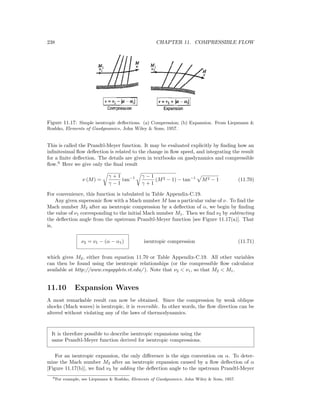 238 CHAPTER 11. COMPRESSIBLE FLOW
Figure 11.17: Simple isentropic deﬂections. (a) Compression; (b) Expansion. From Liepmann &
Roshko, Elements of Gasdynamics, John Wiley & Sons, 1957.
This is called the Prandtl-Meyer function. It may be evaluated explicitly by ﬁnding how an
inﬁnitesimal ﬂow deﬂection is related to the change in ﬂow speed, and integrating the result
for a ﬁnite deﬂection. The details are given in textbooks on gasdynamics and compressible
ﬂow.9
Here we give only the ﬁnal result
ν (M) =
γ + 1
γ − 1
tan−1 γ − 1
γ + 1
(M2 − 1) − tan−1
M2 − 1 (11.70)
For convenience, this function is tabulated in Table Appendix-C.19.
Any given supersonic ﬂow with a Mach number M has a particular value of ν. To ﬁnd the
Mach number M2 after an isentropic compression by a deﬂection of α, we begin by ﬁnding
the value of ν1 corresponding to the initial Mach number M1. Then we ﬁnd ν2 by subtracting
the deﬂection angle from the upstream Prandtl-Meyer function [see Figure 11.17(a)]. That
is,
ν2 = ν1 − (α − α1) isentropic compression (11.71)
which gives M2, either from equation 11.70 or Table Appendix-C.19. All other variables
can then be found using the isentropic relationships (or the compressible ﬂow calculator
available at http://www.engapplets.vt.edu/ ). Note that ν2 < ν1, so that M2 < M1.
11.10 Expansion Waves
A most remarkable result can now be obtained. Since the compression by weak oblique
shocks (Mach waves) is isentropic, it is reversible. In other words, the ﬂow direction can be
altered without violating any of the laws of thermodynamics.
It is therefore possible to describe isentropic expansions using the
same Prandtl-Meyer function derived for isentropic compressions.
For an isentropic expansion, the only diﬀerence is the sign convention on α. To deter-
mine the Mach number M2 after an isentropic expansion caused by a ﬂow deﬂection of α
[Figure 11.17(b)], we ﬁnd ν2 by adding the deﬂection angle to the upstream Prandtl-Meyer
9For example, see Liepmann & Roshko, Elements of Gasdynamics, John Wiley & Sons, 1957.
 