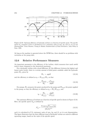 254 CHAPTER 12. TURBOMACHINES
Figure 12.16: Optimum eﬃciency of hydraulic turbines as a function of speciﬁc speed. The speciﬁc
speed Nsd (equation 12.21) is calculated in U.S. customary units of rpm, hp, and ft, so it is not
dimensionless. From Munson, Young & Okishii Fundamentals of Fluid Mechanics, John Wiley &
Sons, 1998.
As long as the machine is operated above the NPSH line, there should be no problems with
cavitation at the pump inlet.
12.6 Relative Performance Measures
An important parameter is the eﬃciency of the turbine, which measures how much useful
work is done compared to the theoretical maximum.
For a hydraulic turbine with a head diﬀerence H (the diﬀerence between the highest and
lowest water levels), there is a certain amount of ideal power available called the hydraulic
power ˙Wh, given by
˙Wh = ρ ˙qgH (12.18)
and the eﬃciency is deﬁned as ηt = ˙Wshaft/ ˙Wh, so that
ηt =
˙Wshaft
˙Wh
=
ωTshaft
ρ ˙qgH
(12.19)
For pumps, ˙Wh measures the power produced by the pump and ˙Wshaft the power applied
to the pump, so that the eﬃciency is deﬁned as ηp = ˙Wh/ ˙Wshaft, and
ηp =
˙Wh
˙Wshaft
=
ρ ˙qgH
ωTshaft
(12.20)
The optimum eﬃciency of turbines as a function of speciﬁc speed is shown in Figure 12.16.
Here, the speciﬁc speed Nsd is deﬁned by
Nsd =
N(rpm) ˙Wshaft(hp)
[H(ft)]
5/4
(12.21)
and it is calculated in U.S. customary units of rpm, hp, and ft, so it is not dimensionless.
The ﬁgure illustrates that the three diﬀerent types of hydraulic turbine are suited to diﬀerent
operating ranges, based on the value of the speciﬁc speed.
 