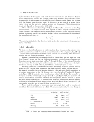 1.6. VISCOUS STRESSES 15
in the direction of the applied load, while its cross-sectional area will decrease. Normal
stress diﬀerences are present. For example, as the taﬀy stretches, the point in the center
will remain in its original location, but all other points move outward at speeds that increase
with the distance from the center point. If the velocity at any point is u, we see that u
varies with x, and that a velocity gradient or strain rate du/dx exists. The resistance to the
strain rate depends on the properties of the taﬀy.
A ﬂuid behaves somewhat similarly to taﬀy, in that ﬂuids oﬀer a resistance to stretching
or compression. The magnitude of the stress depends on a ﬂuid property called the exten-
sional viscosity. For Newtonian ﬂuids, the viscosity is isotropic, so that the shear viscosity
and the extensional viscosity are the same. So, for a ﬂuid in simple extension or compression,
the normal stress is given by
τxx = µ
du
dx
(1.8)
The subscript xx indicates that the stress in the x-direction is associated with a strain rate
in the x-direction.
1.6.3 Viscosity
We have seen that when ﬂuids are in relative motion, shear stresses develop which depend
on the viscosity of the ﬂuid. Viscosity is measured in units of Pa · s, kg/(m s), lbm/(ft · s),
N·s/m2
, or Poise (a unit named after the French scientist Jean Poiseuille). It has dimensions
of mass per unit length per unit time (M/LT)
Because a viscous stress is developed (that is, a viscous force per unit area), we know
from Newton’s second law that the ﬂuid must experience a rate of change of momentum.
Sometimes we say that momentum “diﬀuses” through the ﬂuid by the action of viscosity.
To understand this statement, we need to examine the basic molecular processes that give
rise to the viscosity of ﬂuids. That is, we will take a microscopic point of view.
A ﬂowing gas has two characteristic velocities: the average molecular speed ¯υ, and the
speed at which the ﬂuid mass moves from one place to another, called the bulk velocity, V .
For a gas, ¯υ is equal to the speed of sound. Consider a ﬂow where the ﬂuid is maintained at
a constant temperature, so that ¯υ is the same everywhere, but where V varies with distance
as in Figure 1.12. As molecules move from locations with a bulk velocity that is smaller to
locations where the bulk velocity is larger (from B to A in Figure 1.12), the molecules will
interact and exchange momentum with their faster neighbors. The net result is to reduce
the local average bulk velocity. At the same time, molecules from regions of higher velocity
will migrate to regions of lower velocity (from A to B in Figure 1.12), interact with the
surrounding molecules and increase the local average velocity.
We see that the exchange of momentum on a microscopic level tends to smooth out,
or diﬀuse, the velocity diﬀerences in a ﬂuid. On a macroscopic scale, we see a change in
ρ (kg/m3
) µ (N sec/m2
)
Air 1.204 18.2 × 10−6
Water 998.2 1.002 × 10−3
Sea water 1,025 1.07 × 10−3
SAE 30 motor oil 919 0.04
Honey ≈ 1430 ≈ 1.4
Mercury 13,600 1.57 × 10−3
Table 1.2: Density and viscosity of some common ﬂuids (at 20◦
C and 1 atm).
 