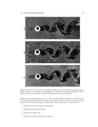 4.2. BERNOULLI’S EQUATION 77
Figure 4.3: Flow over a cylinder at a Reynolds number of 170 made visible using the hydrogen
bubble technique. (a) Timelines. (b) Streaklines. (c) Timeline and streakline combination. From
Visualized Flow, Japan Society of Mechanical Engineers, Pergamon Press, 1988.
where g is the gravitational constant, z1 and z2 are the heights or elevations of points 1 and
2 above some horizontal reference plane, and p1 and p2, and V1 and V2, are the pressures
and velocities at these same points, respectively. Most important, it is required that
1. Points 1 and 2 lie on the same streamline;
2. The ﬂuid has constant density;
3. The ﬂow is steady; and
4. The ﬂow is inviscid (there are no losses).
 