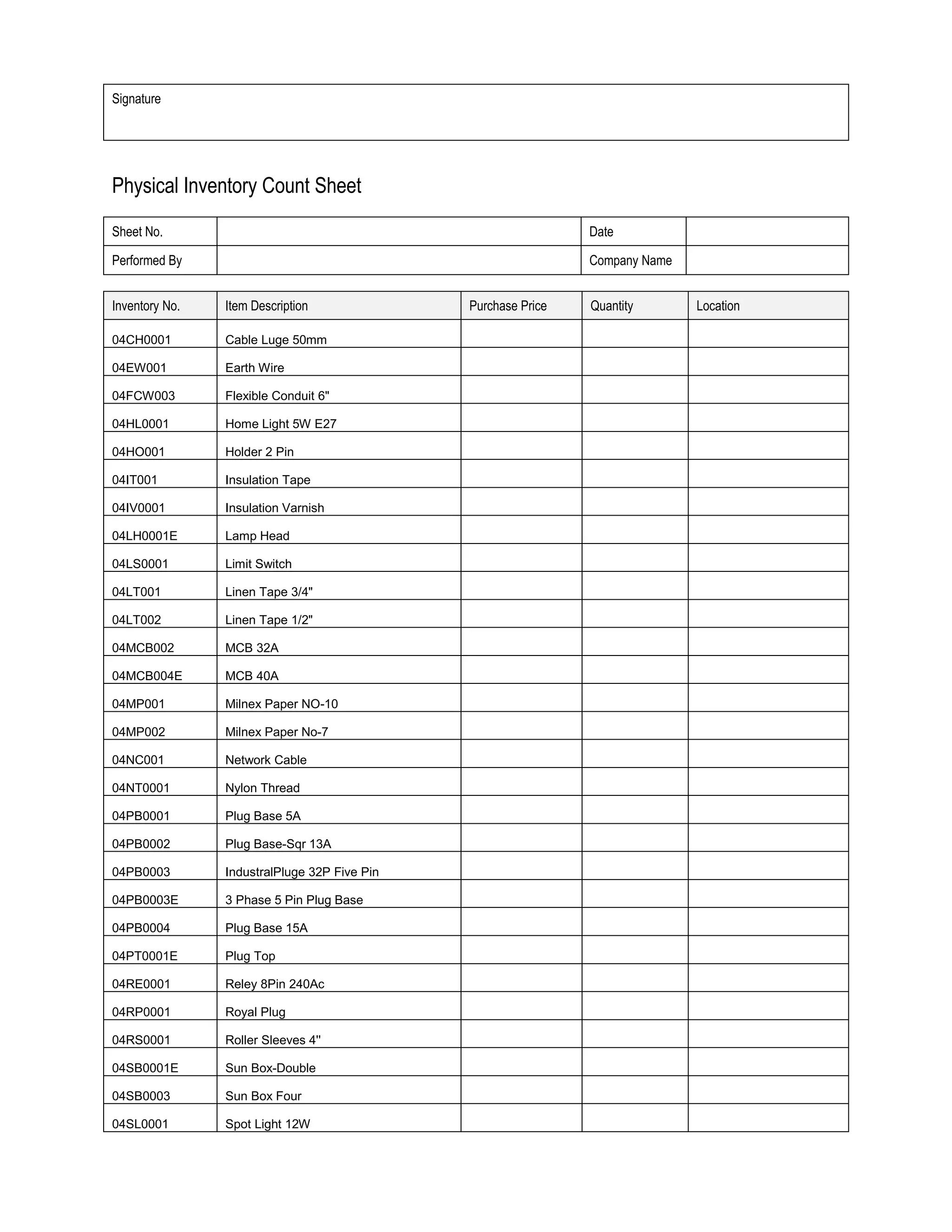 Physical inventory count sheet | DOCX