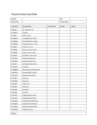 Physical Inventory Count Sheet
Sheet No. Date
Performed By Company Name
Inventory No. Item Description Purchase Price Quantity Location
01BIS001 B.I. Sheet 8'*4'*18
01CBA001 Che Bar
01CH001 Chain ( TEC )
01FBMS05 Flat BarMS 5mm x50mm
01FBMS20 Flat Bar MS 5mm x 38mm
01FBSS06 Flat Bar SS 3mm x 75mm
01FI0002 Flat Iron 1/2 x 1/4
01FIMS05 Flat Iron 12.5mm x 5mm
01FIMS06 Flat Iron 18mm x 5mm
01FS0001 Flat Stripe 1'' 5mm 12 Ft
01GC0001 Galvenized Chain 5/8"
01GC0002 Galvenized Chain 1/2"
01GI0010 GI PIpe OD-88.9 ID-79.2
01LW0001 Link Wire
01MSBB001 MS Box Bar 50*50*5mm*6Mtr
01MWP001 Manual Water Pump SS
01PAL002 Aluminium Pipe 25mm
01PC0001 Plate cuts
01PGI0001 Pipe GI 4"
01PGI002 Pipe GI 1/2"
01PGI007 Pipe GI 3"
01PGI008 GI Pipe 2"
01PGI009 GI Pipe 1"
01PLA001 Plates Alluminium 3mm
01PLA002 Plates Alluminium 9mm
01PLMS02 Plate MS 300*1000*50mm
01PLMS03 Plate MS 125*750*32mm
01PLMS04 Plate MS 300*300*16mm
01PLMS05 Plate Ms 37.5mm
Signature
 