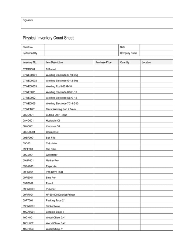 Physical inventory count sheet