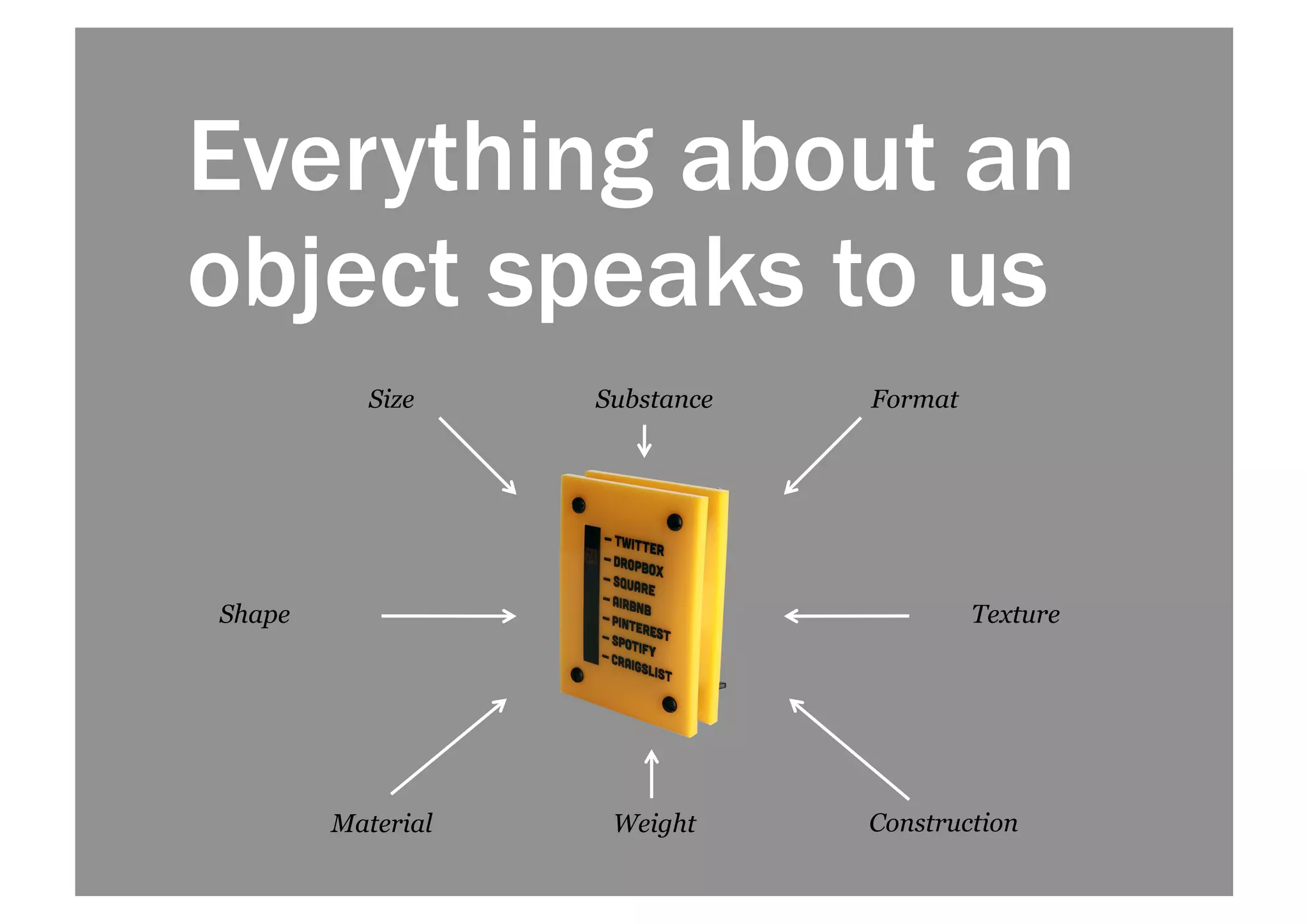 Everything about an 
object speaks to us 
Size 
Shape 
Material 
Format 
Texture 
Substance 
Weight Construction 
 