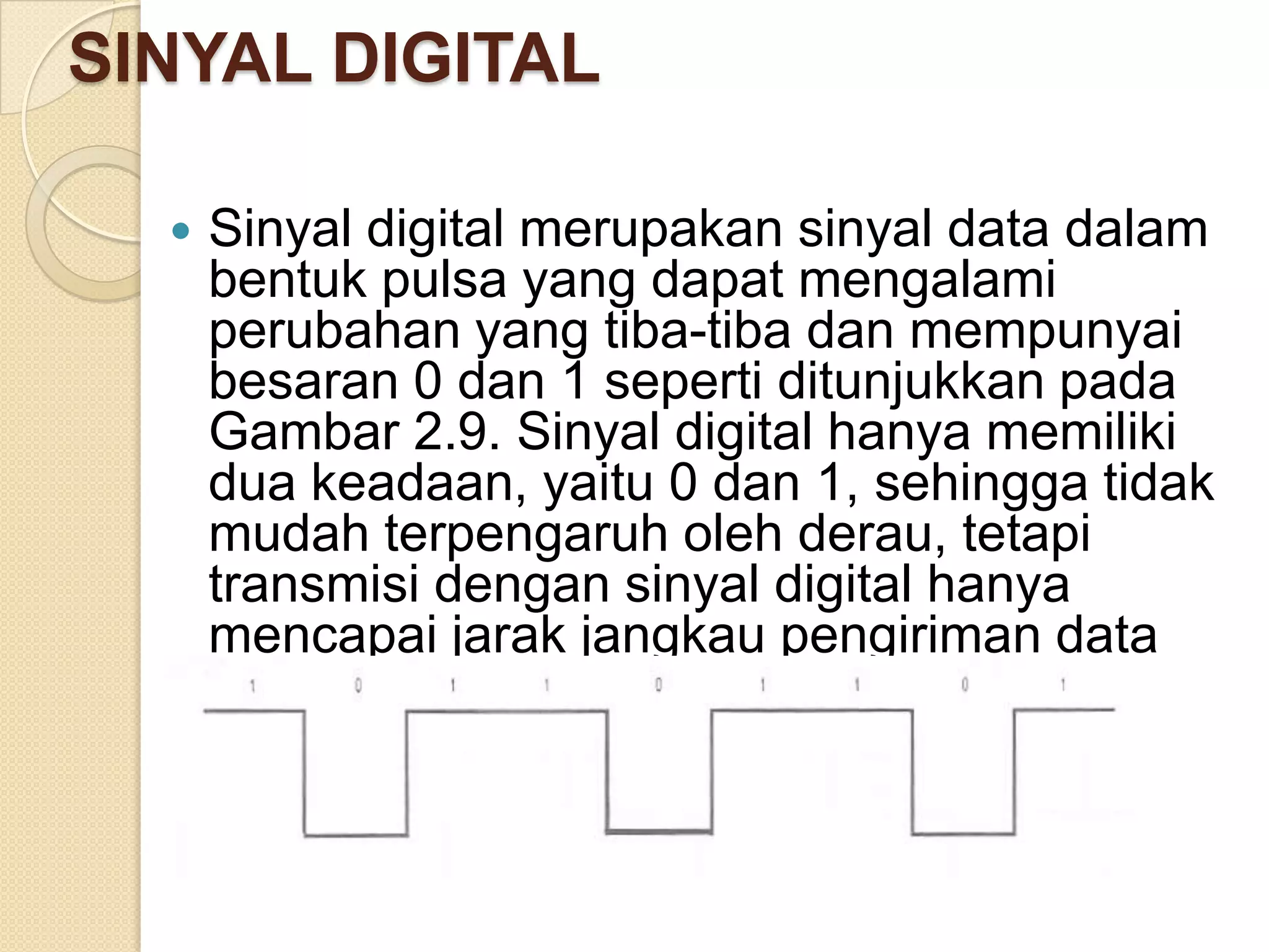 SINYAL DIGITAL

     Sinyal digital merupakan sinyal data dalam
      bentuk pulsa yang dapat mengalami
      perubahan yang tiba-tiba dan mempunyai
      besaran 0 dan 1 seperti ditunjukkan pada
      Gambar 2.9. Sinyal digital hanya memiliki
      dua keadaan, yaitu 0 dan 1, sehingga tidak
      mudah terpengaruh oleh derau, tetapi
      transmisi dengan sinyal digital hanya
      mencapai jarak jangkau pengiriman data
      yang relatif dekat.
 