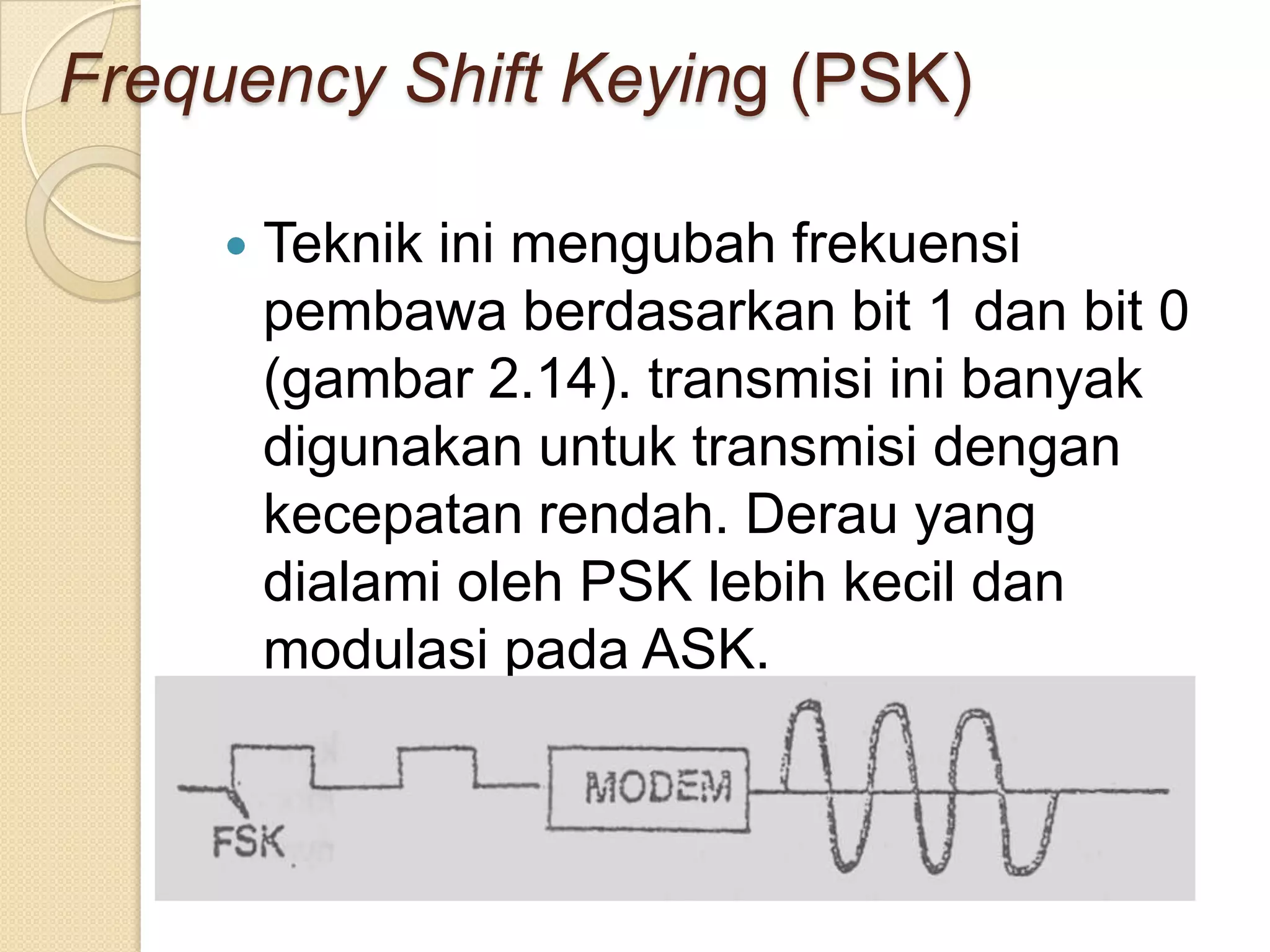 Frequency Shift Keying (PSK)

        Teknik ini mengubah frekuensi
         pembawa berdasarkan bit 1 dan bit 0
         (gambar 2.14). transmisi ini banyak
         digunakan untuk transmisi dengan
         kecepatan rendah. Derau yang
         dialami oleh PSK lebih kecil dan
         modulasi pada ASK.
 