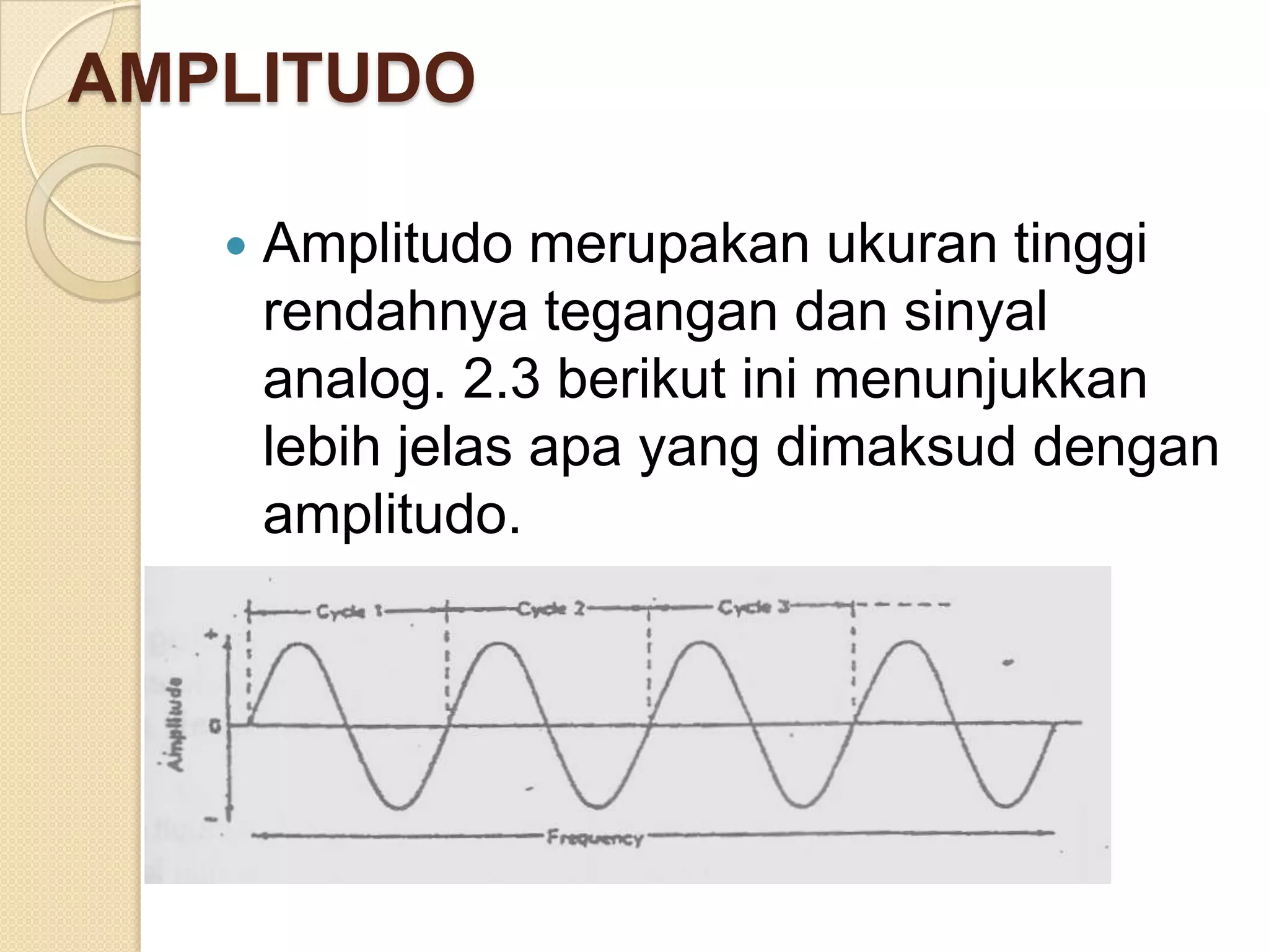 AMPLITUDO

      Amplitudo merupakan ukuran tinggi
       rendahnya tegangan dan sinyal
       analog. 2.3 berikut ini menunjukkan
       lebih jelas apa yang dimaksud dengan
       amplitudo.
 