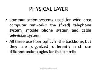 PHYSICAL LAYER
• Communication systems used for wide area
computer networks: the (fixed) telephone
system, mobile phone system and cable
television system
• All three use fiber optics in the backbone, but
they are organized differently and use
different technologies for the last mile
Prepared by Dr.T.Thendral
 