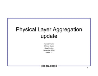 1
IEEE 802.3 HSSG
Physical Layer Aggregation
update
Howard Frazier
Shimon Muller
Drew Perkins
November, 2006
Dallas, TX
 