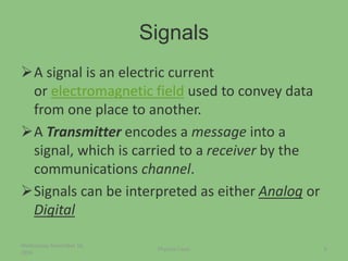 Signals
A signal is an electric current
or electromagnetic field used to convey data
from one place to another.
A Transmitter encodes a message into a
signal, which is carried to a receiver by the
communications channel.
Signals can be interpreted as either Analog or
Digital
Wednesday, November 16,
2016
6Physical Layer
 