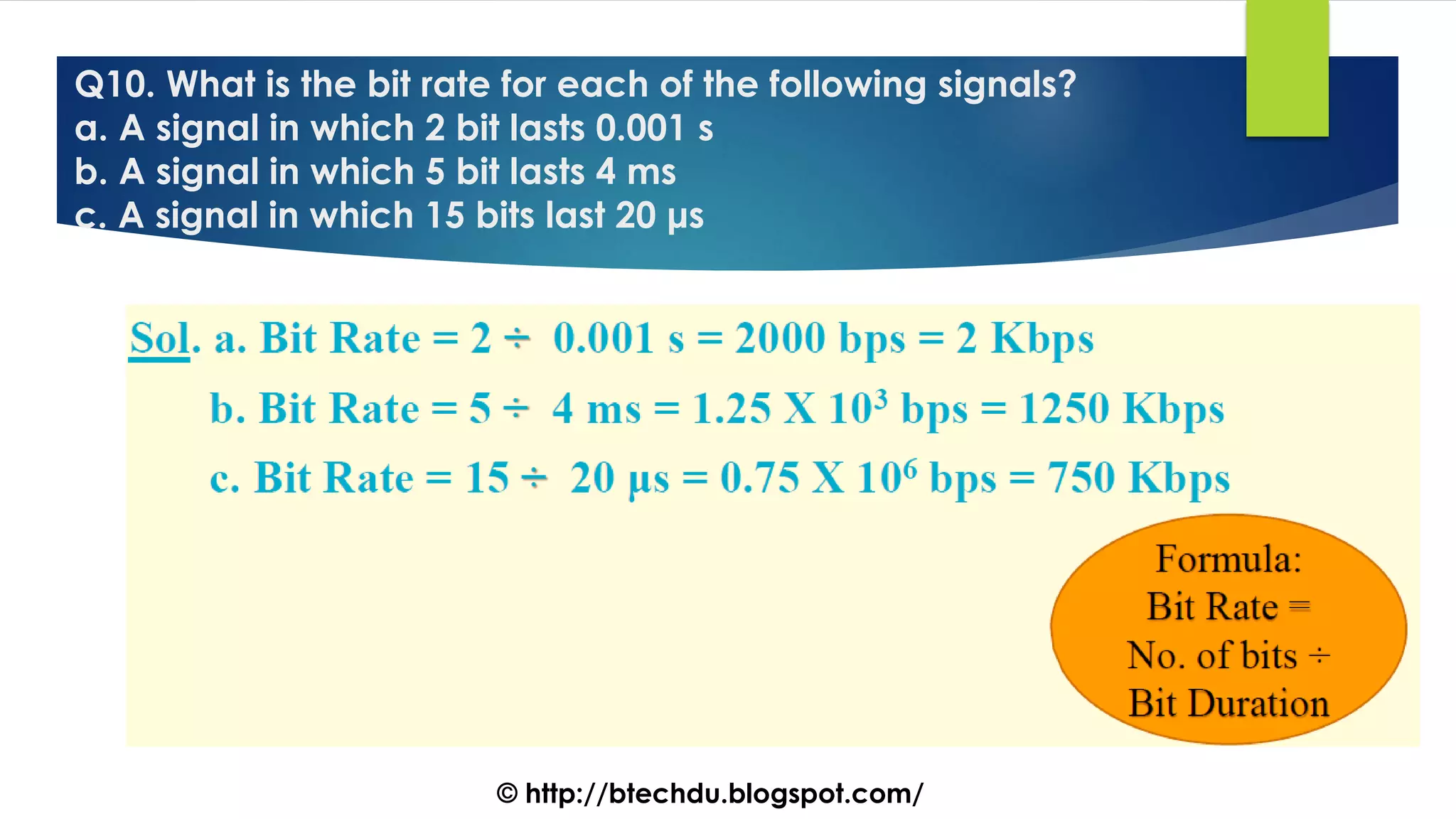 Q10. What is the bit rate for each of the following signals?
a. A signal in which 2 bit lasts 0.001 s
b. A signal in which 5 bit lasts 4 ms
c. A signal in which 15 bits last 20 μs
© http://btechdu.blogspot.com/
 
