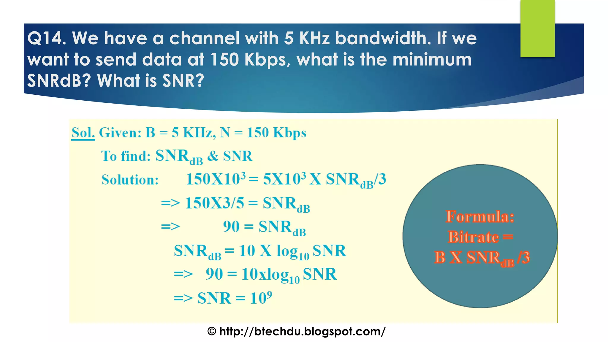 Q14. We have a channel with 5 KHz bandwidth. If we
want to send data at 150 Kbps, what is the minimum
SNRdB? What is SNR?
© http://btechdu.blogspot.com/
 