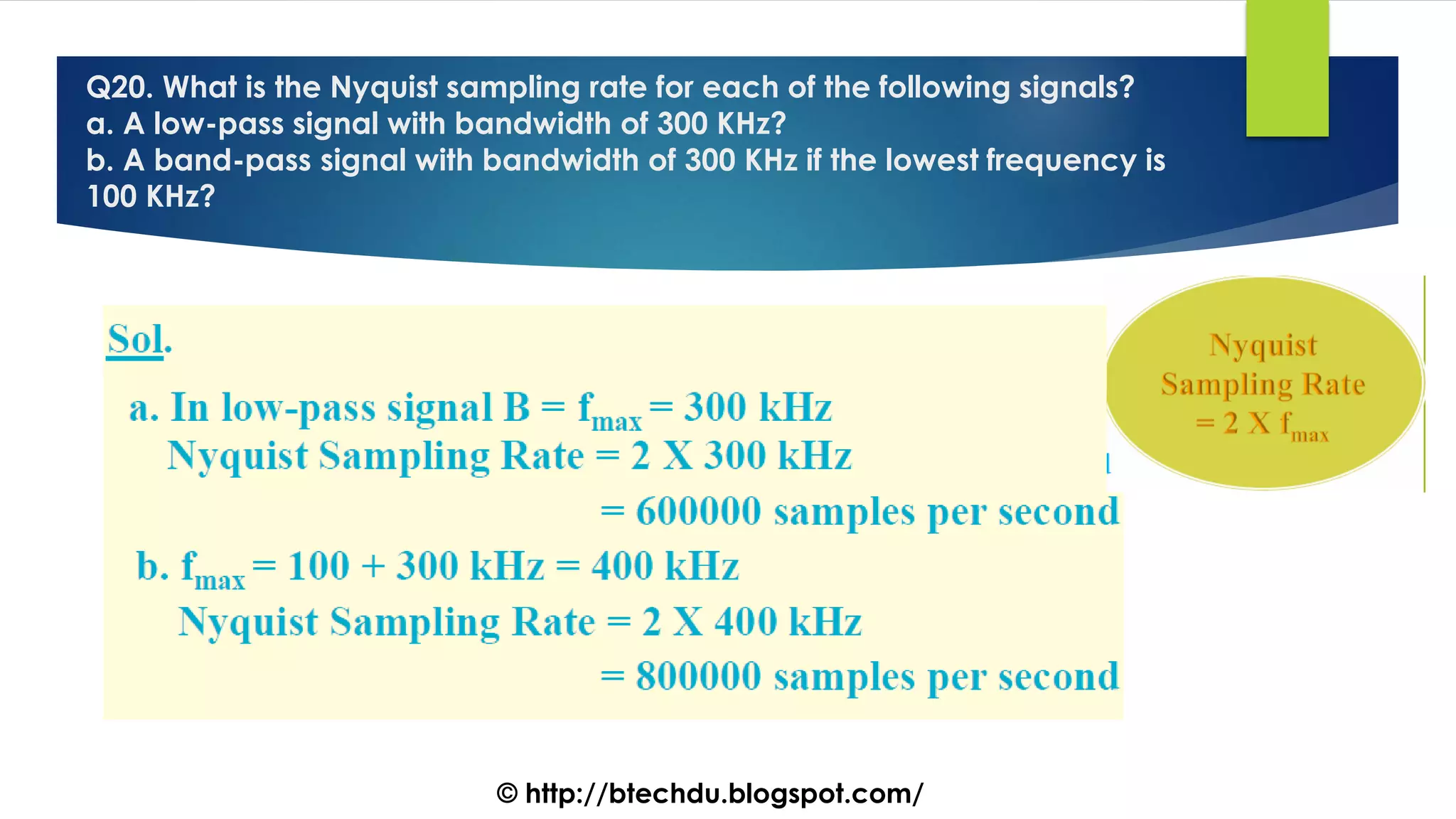 Q20. What is the Nyquist sampling rate for each of the following signals?
a. A low-pass signal with bandwidth of 300 KHz?
b. A band-pass signal with bandwidth of 300 KHz if the lowest frequency is
100 KHz?
© http://btechdu.blogspot.com/
 
