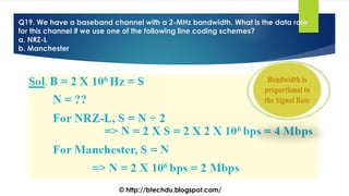 Q19. We have a baseband channel with a 2-MHz bandwidth. What is the data rate
for this channel if we use one of the following line coding schemes?
a. NRZ-L
b. Manchester
© http://btechdu.blogspot.com/
 