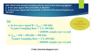Q20. What is the Nyquist sampling rate for each of the following signals?
a. A low-pass signal with bandwidth of 300 KHz?
b. A band-pass signal with bandwidth of 300 KHz if the lowest frequency is
100 KHz?
© http://btechdu.blogspot.com/
 
