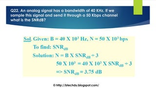 Q22. An analog signal has a bandwidth of 40 KHz. If we
sample this signal and send it through a 50 Kbps channel
what is the SNRdB?
© http://btechdu.blogspot.com/
 